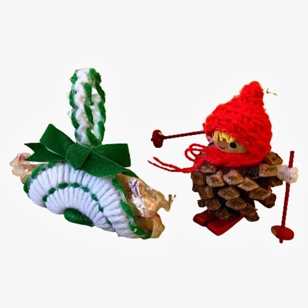 Vintage Christmas Ornaments Handmade Pine-Cone Skier + Yarn Log Carrier Lot 2